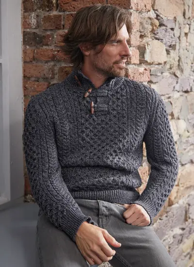 Cormac Toggle Neck Aran Sweater in Slate